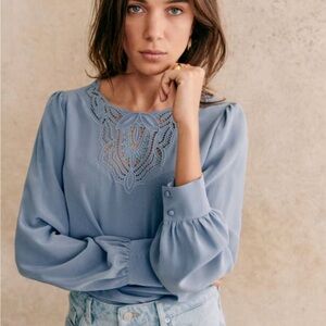 Sezane Blue Silk Women's Carlotta Top Sz 44 XL